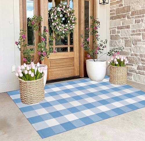 Washable 3'x5'Outdoor Rug, Light Blue White Buffalo Plaid Front Door Mat - Image 5