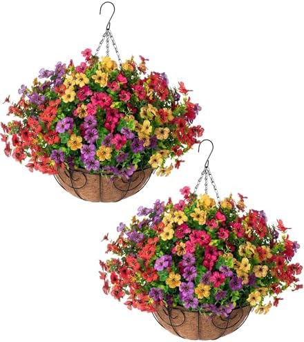 HyeFlora 2 Set Artificial Outdoor Flowers Hanging Basket, Faux Hanging Plants for Outside Spring Decoration, Fake Silk UV Resistant Look Real Daisy for Porch Patio Home Decor by HyeFloraartificialflowers