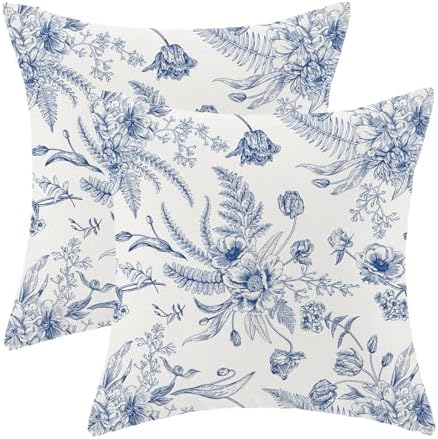 CXMEIFLY Spring Floral Leaves Pillow Covers 16 x 16 Inch Set of 2 for Chinoiserie Flowers Decor Throw Pillows Blue and White Seasonal Plant Outdoor Decorative Cushion Cases for Couch Bed Decorations by CXMEIFLY