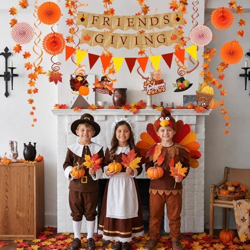Famoby FRIENDSGIVING Paper Banner Triangular Bunting Maple Leaf Garland Plastic Streamer Paper Fans for Autumn Harvest Thanksgiving Day Party Decoration (Not Burlap) - Image 5