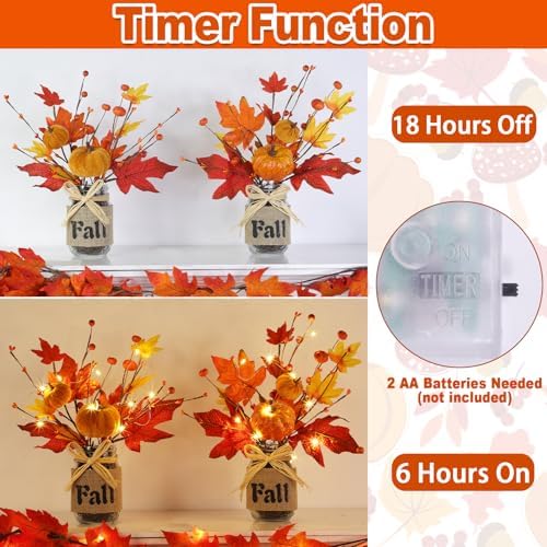 2 Pack Fall Decor 13.5 Inch Lighted Fall Trees Mason Jar with 20 LED Timer - Image 2