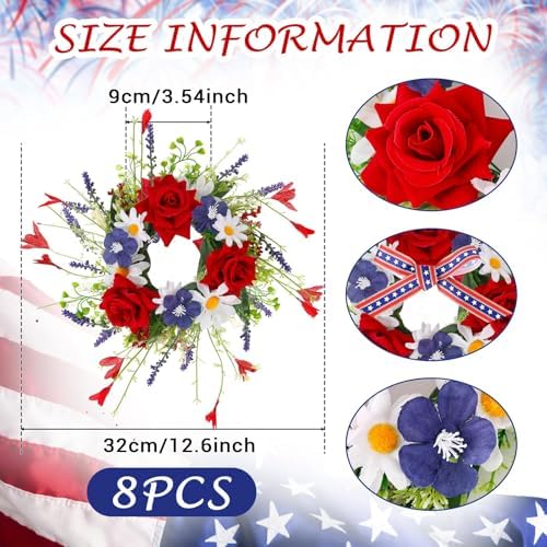 8 PCS Mini Patriotic American Cabinet Wreaths Small Red White and Blue Floral Wreath for Front Door with Ribbon Roses Daisy Forsythia July Independence Day Hanging Wreath for Porch Wall Window Decor - Image 4