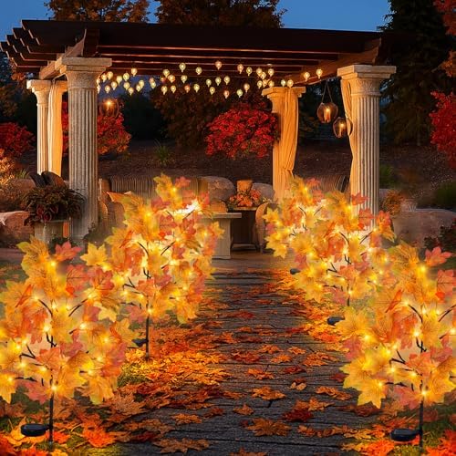 TORONTOKYO 8 Pack Fall Solar Outdoor Lights, Fall Decor 160 LED Maple Leaves Solar Stake Light with 8 Modes, Waterproof Fall Garden Lights Thanksgiving Decorations for Autumn Yard Pathway Outside - Image 6
