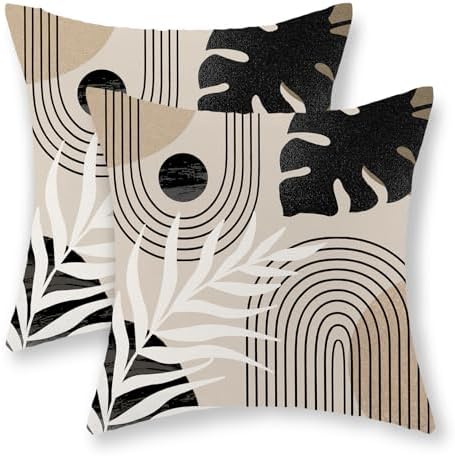 Boho Pillow Covers 16x16 Set of 2 Mid Century Black Beige Tropical Leaf Throw Pillow Covers Outdoor Decor Modern Abstract Decorative Pillow Cases Farmhouse Linen Cushion Case for Couch Sofa by JEFERSO