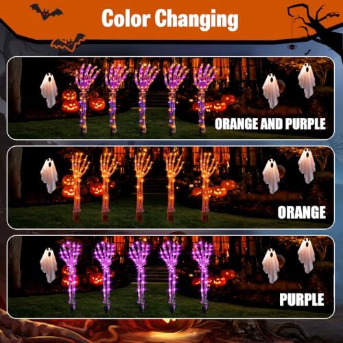 Solar Halloween Decorations,5 Pack Skeleton Hands Halloween Pathway Lights - Waterproof LED Stakes with 250 Purple &Orange Lights, 8 Modes - Scary Outdoor Yard Solar Powered Haunted Decorations - Image 6