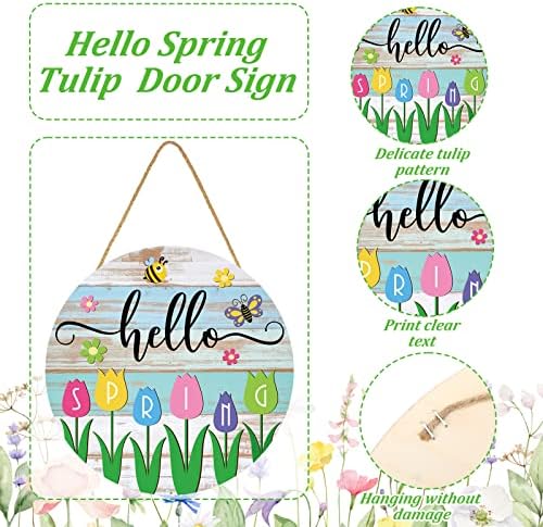 Wesiti Hello Spring Wooden Hanging Sign Rustic Tulip Flower Front Door Wreath Farmhouse Floral Wood Welcome Hanger Sign for Indoor Outdoor Home Porch Window Decor - Image 5