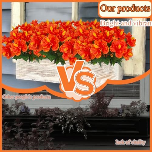 2 Pcs Artificial Outdoor Flowers Realistic Silk Fake Hibiscus Tropical Flowers Summer Fall Decoration UV Resistant Faux Plants for Outdoors Planters Outside Porch Patio Yard Garden Orange-Red - Image 3