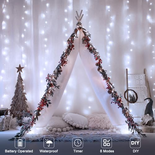 echosari 9.8Ft×9.8ft Curtain Lights Battery Operated with Remote Cool White - Image 5