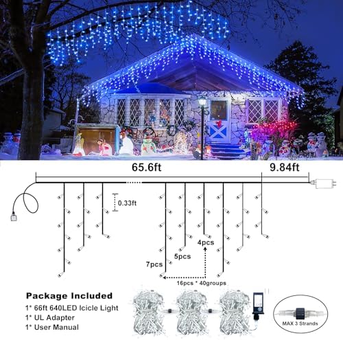 66FT 640 LED Icicle Lights for Outside, Blue Christmas Lights Outdoor - Image 4