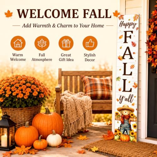 Fall Welcome Sign for Front Door, 47'' Brown Wooden Porch Sign Large Warm Greeting Door Sign Farmhouse Vertical Porch Sign Rustic Standing Welcome Yard Signs for Patio Outdoor Indoor Garden - Image 7