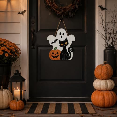 Halloween Decoration Wooden Sign, Ghost Halloween Front Door Hanger, Spooky Wooden Pumpkin Black Cat Sign for Indoor Outdoor Yard, Сute Ghost Home Decorations Signs - Image 3