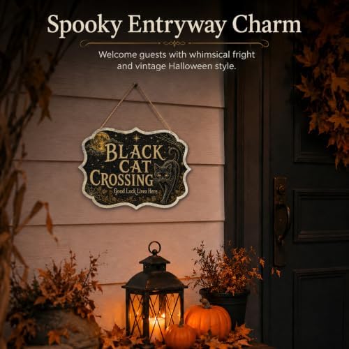 Vintage Black Cat Crossing Wooden Sign with Hanging Rope 8.5x12 Inch Gothic Halloween Wall Plaque, Moon Spider Web Witchy Farmhouse Decor for Front Door Porch Indoor Outdoor Wall Hanging Art （A01） - Image 5
