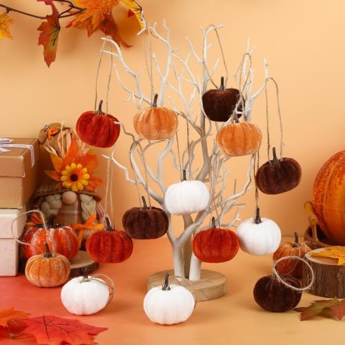 16Pcs Fall Tree Ornaments, 2 Inch Velvet Pumpkin Hanging Ornaments - Image 5