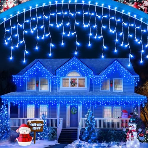159 FT Blue Christmas Lights Outdoor, 1458 LED Waterproof Outside Christmas Lights Plug in, Timer & Memory, 8 Modes Fairy Lights with 324 Drops for House Eaves Yard Patio Wedding Decorations by JIXXULVU
