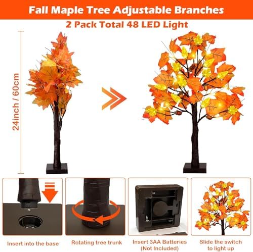 2 Pack 24 Inch Prelit Fall Maple Tree Decorations with 48 LEDs Timer Fall Battery Operated Lighted Artificial Pumpkin Acorn Light Up Maple Tree for Thanksgiving Harvest Table Home Indoor Decor - Image 5