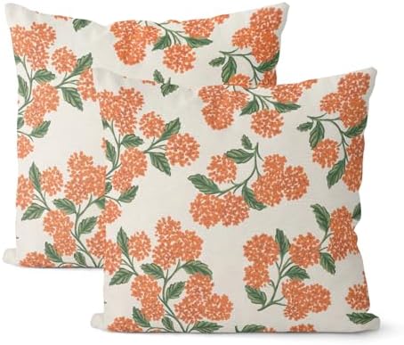 Fall Burnt Orange Pillow Covers 22x22 Inch 2 Pcs Green Hydrangea Flower Decor Throw Pillows Vintage Floral Seasonal Autumn Outdoor Decoration Pillowcase Linen Cushion Cover for Couch Sofa by DAFENA
