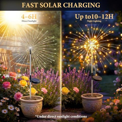 Solar Firework Lights, 10 Pack 120 LEDs 8 Lighting Modes Solar Fairy Garden Lights Outdoor Waterproof for Yard Patio Walkway Pathway Party Wedding Balcony Decorative- Warm White - Image 3