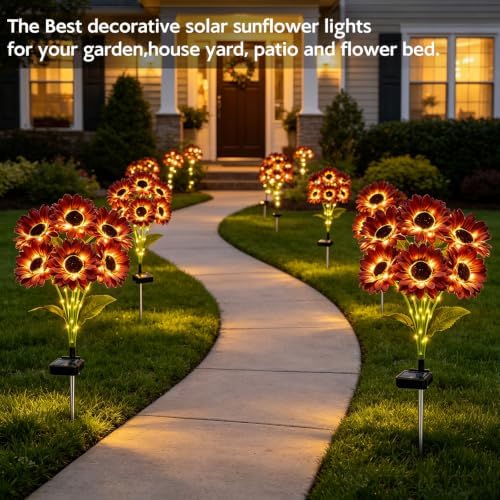 Solar Sunflower Lights Outdoor Garden Decor, 6 Pack Solar Brown Flowers Lights with 18 Sunflowers, Waterproof Fall Decor Stake Decorative Light Auto ON/Off for Garden Yard Patio, Gift for Women - Image 5