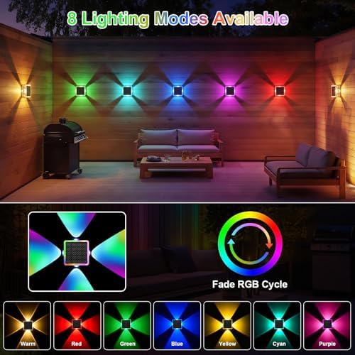 AUDLES Solar Fence Lights Outdoor, IP67 Waterproof 4-Sided Glow Solar Wall Lights, RGB 8 Modes Color Changing Solar Garden Light for Patio Pool Step Porch Yard-12 Pack - Image 2