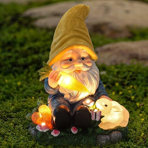 Solar Garden Outdoor Statues Gnome Feeding Rabbit with 6 LED Lawn Decor Outside Decorations for Patio, Balcony, Yard Ornament Unique Garden Gift by NATASE