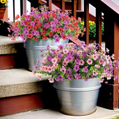 Ammyoo Artificial Fake Plants Flowers for Outdoor Spring Decor, 12 Bundles Faux Silk Mums for Planter Pot Colorful UV Resistant Look Real for Front Door Porch Patio Outside Yard(Purple Pink) - Image 3