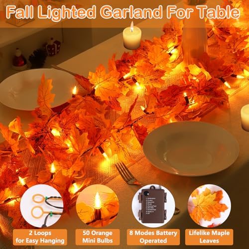 10Ft 50 LED Fall Garland with Lights Battery Operated,Timer Fall Decorations for Home with Orange Bulbs,Fall Lighted Garland for Table Porch Thanksgiving Harvest Halloween Indoor Outdoor Décor - Image 5