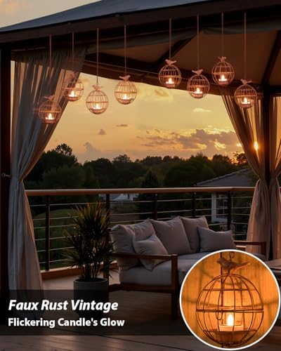 Outdoor Solar Hanging Lantern Lights, 4 Pack Rustic Ball Birdcage Hanging Candle Holder with Solar Tea Lights, Outdoor Waterproof Decorations for Patio, Backyard, Pergola, Tree Decor (Dark Orange) - Image 4