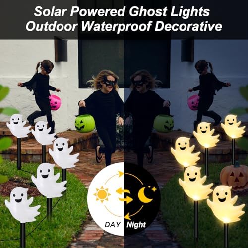 BRIGHTDECK Halloween Solar Pathway Lights Outdoor, LED Decor, Light Up Solar Stake Lights for Holiday, Halloween, Walkway, Sidewalk (Warm White Floating Ghost, 10-Pack) - Image 5