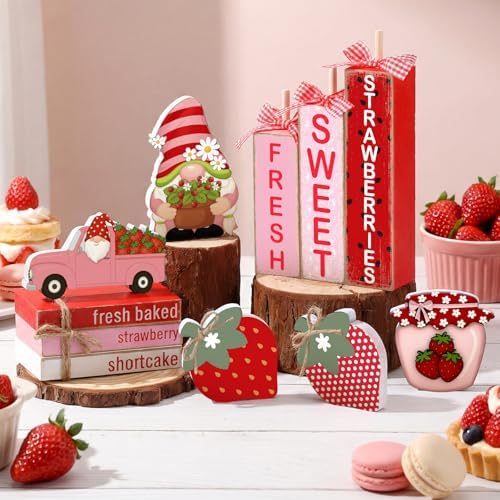 Vercraft 11 Pcs Strawberry Table Decorations Set Strawberry Tiered Tray Decor Summer Wooden Table Sign Farmhouse Sweet Wooden Centerpieces for Home Kitchen Office Decorations - Image 2