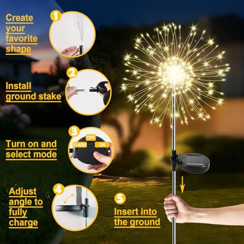 Solar Garden Lights Outdoor, 6 Pack 120 LED Twinkling Firework Lights Decorative with 2 Modes, Outdoor Waterproof Solar Starburst Light for Yard Pathway Planter Patio Decor, Warm White - Image 6