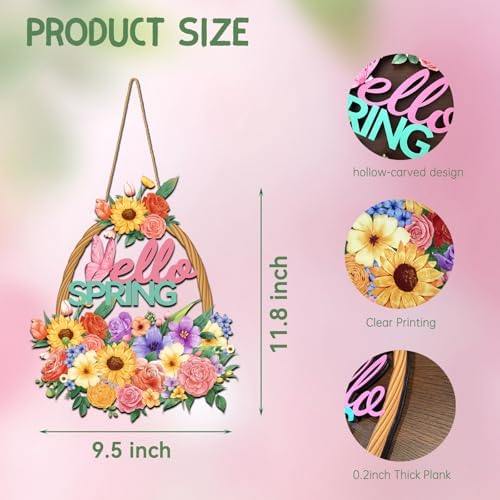 Wooden Spring Front Door Sign Hollow Flower Basket Welcome Sign Spring Decorations for Home Colorful Hanging Door Decor for Front Porch Wall Party Easter Outdoor Indoor - Image 2