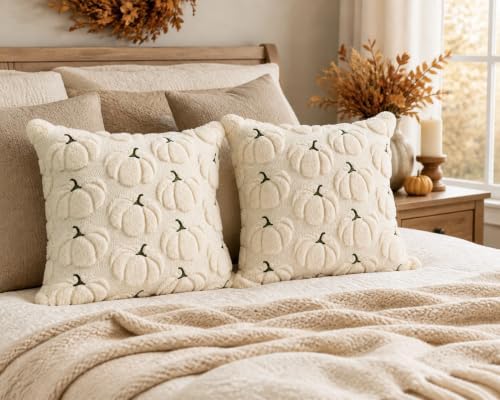 Fall Pillow Covers 16x16 Set of 2 Beige Pumpkin Decorations for Home - Image 6