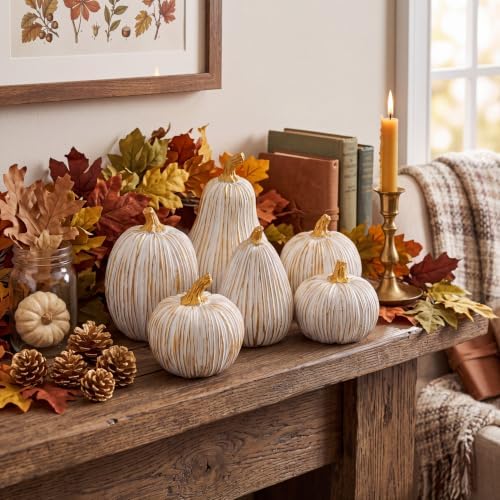 Thyle 6 Pcs Fall Pumpkin Decor, White Gold Pumpkin for Table Centerpieces - Image 6