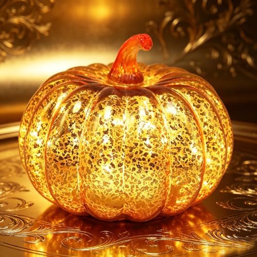 Fall Decorations for Home,Mercury Glass Pumpkin Lights with Timer(Gold) - Image 5