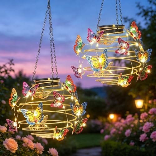 2 Pack Butterfly Solar Lights Outdoor Hanging Solar Lantern with Handle by Newinhome