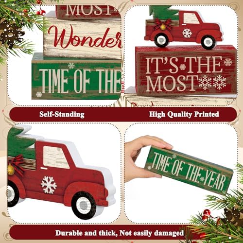 Moucuny 4 Pcs Christmas Red Truck Centerpiece Wooden Block Signs Tabletop - Image 5