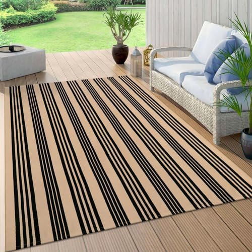 OJIA Outdoor Patio Rug 5'x7', Black and Tan Striped Outdoor Rugs Fall Decor by OJIA
