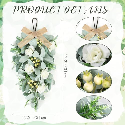 2 Pcs 24" Artificial White Rose Teardrop Wreaths Swag Spring Summer Flower Berries Swags Wreath White Floral Hanging Wreaths for Kitchen Cabinet Doors Window Wall Wedding Party Home Decor - Image 3