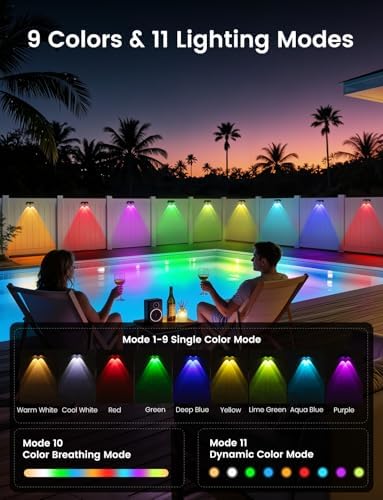 Solar Fence Lights Outdoor, 12 Pack Color Changing Fence Lights Solar Powered with 9 RGB Colors & 11 Lighting Modes, IP65 Waterproof Dusk to Dawn Fence Lights for Patio, Deck, Wall, Backyard - Image 2