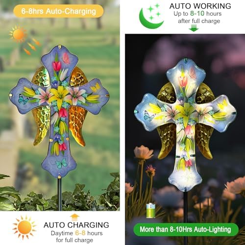 Solar Cross Garden Stakes for Graves,Lily Cemetery Decorations Yard Patio Decor,Golden Angel Wings Cross Lights Outdoor,Remembrance Gifts - Image 3