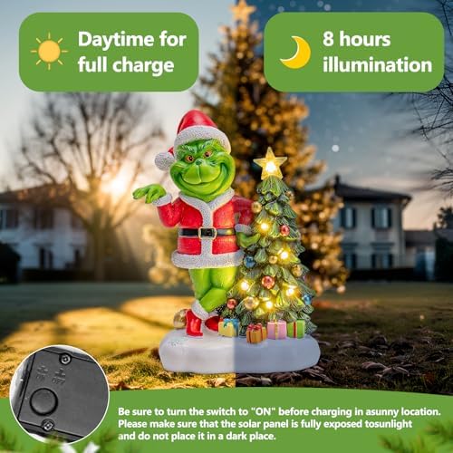YDKOJGW Green Monster Solar Garden Statue with Christmas Tree and 6 LED Lights - Outdoor Figurine - Glossy Resin - Waterproof - Spot Clean - Christmas Decor - Image 5