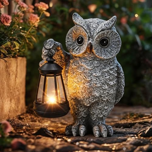 Solar Owl Garden Statues & Light, Outdoor Resin Yard Figurine Decor by KARTOOSH