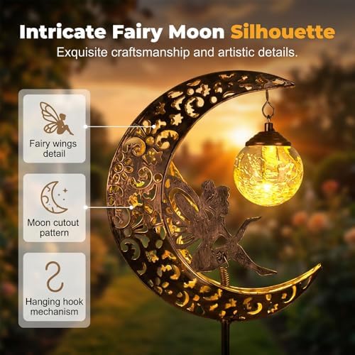 Hummingbird Moon Solar Garden Stake Light,Solar Garden Lights Outdoor Decor,Crackle Glass Fairy Lights,Solar Lights for Garden,Metal Stake Ornament for Patio Lawn Pathway Decor (Moon) - Image 4