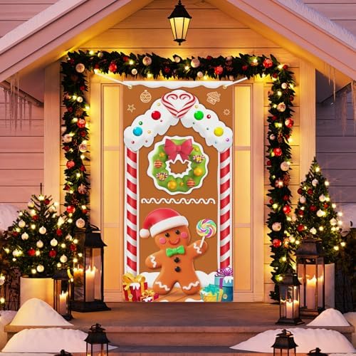 Christmas Door Cover Gingerbread Man Decoration Xmas Large Photography Background Banner Porch Sign for Winter Ginger Bread House Indoor Outside Front Door Banner Farmhouse Party Supplies 6 x 3 Feet - Image 6