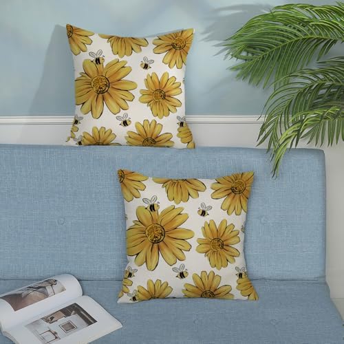 Summer Pillow Covers 18x18 Inch Set of 2 Yellow Floral Bee Sunflowers Throw Pillows Spring Outdoor Decorative Pillow Cases Linen Farmhouse Seasonal Cushion Covers Decor for Living Room Couch - Image 4