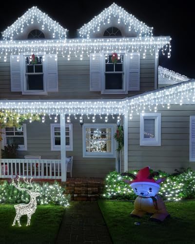 Christmas Lights Outdoor, 53 FT 486 LED Christmas Light for Outside, Timer & Memory, Plug in 8 Modes Hanging Fairy Light with 108 Drops for House Eaves Yard Patio Holidays Decorations, Cool White - Image 4