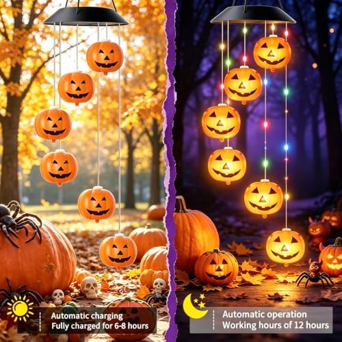 AVEKI Halloween Solar Wind Chimes Outdoor, Solar Mobile Wind Chime with 8 Lighting Modes, Waterproof Solar Powered LED Hanging Lamp for Outdoor Garden Festival Decoration (Pumpkin) - Image 2