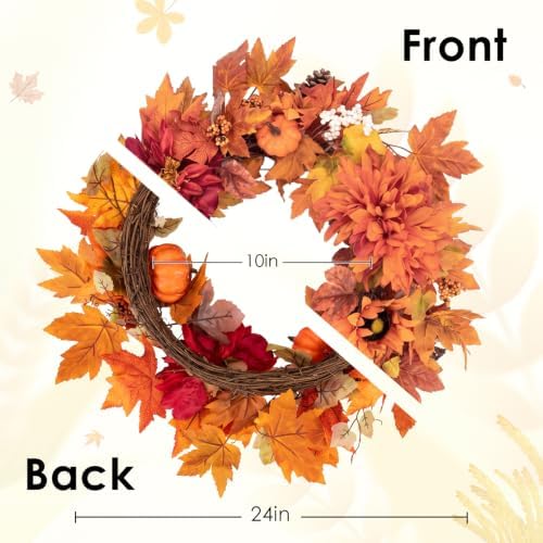 Fall Wreaths for Front Door Decor Artificial Flower, 24" Pumpkin Autumn - Image 2