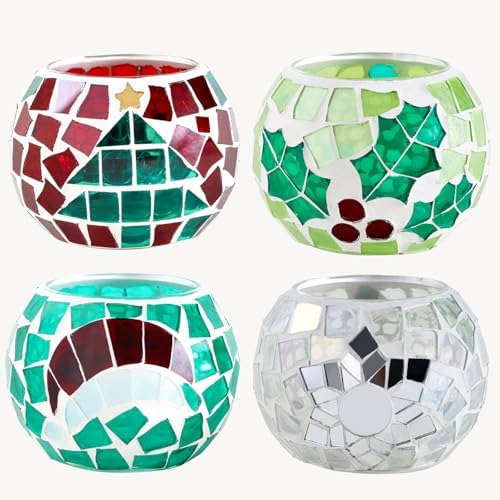 4 PCS Mosaic Glass Tealight Votive Candle Holders - Red & Green Christmas Table Centerpiece Decorations for Indoor/Outdoor Holiday Decor by SHMILMH