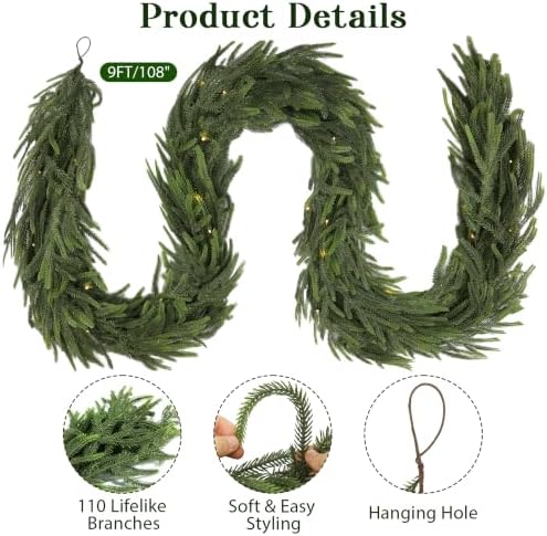9FT Soft Touch Artificial Norfolk Pine Christmas Garland with Timer Lights - Image 6